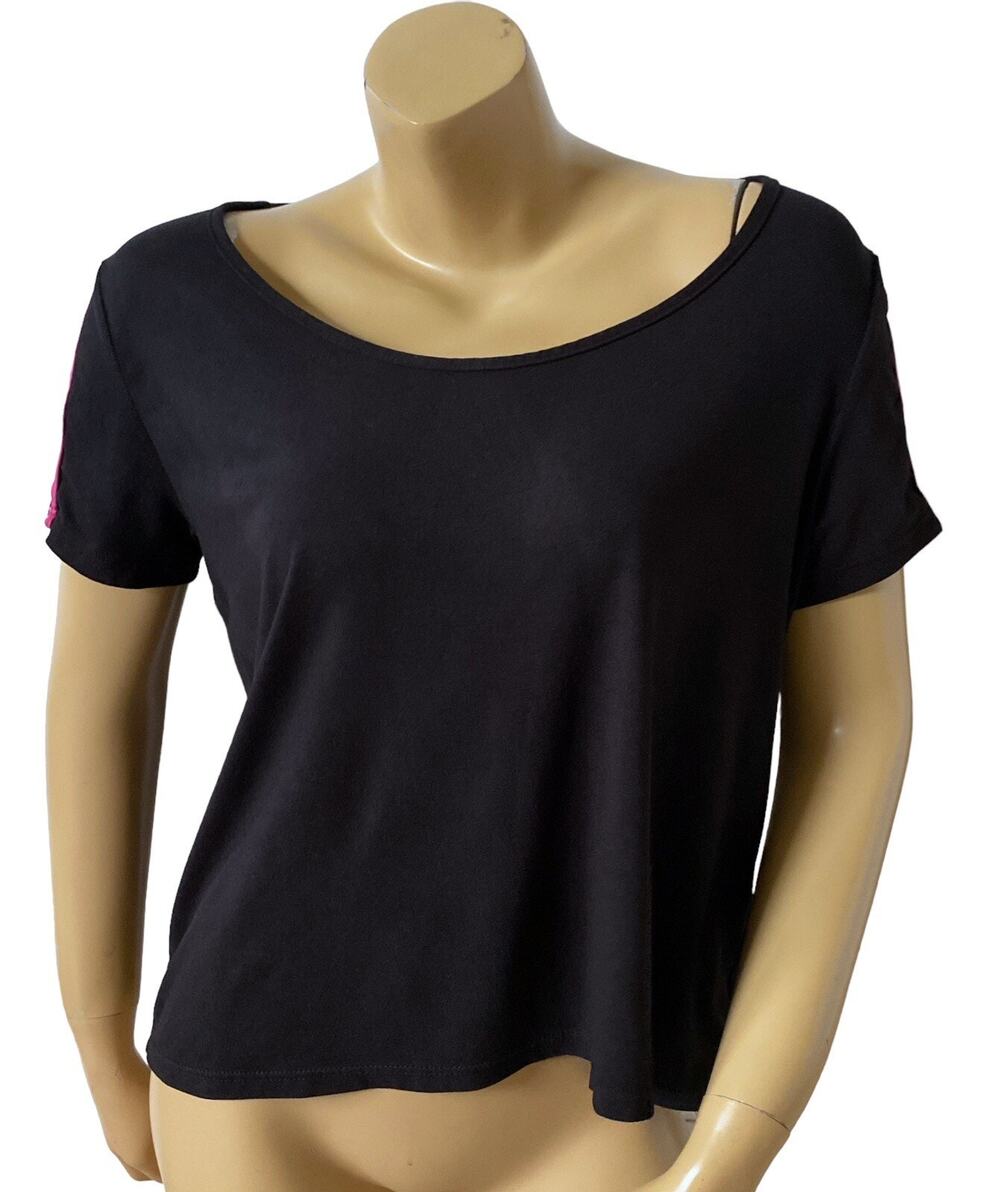 Eye Candy Top Womens Plus 1X Black Scoop Neck Checkered Sleeve Stretch Tee